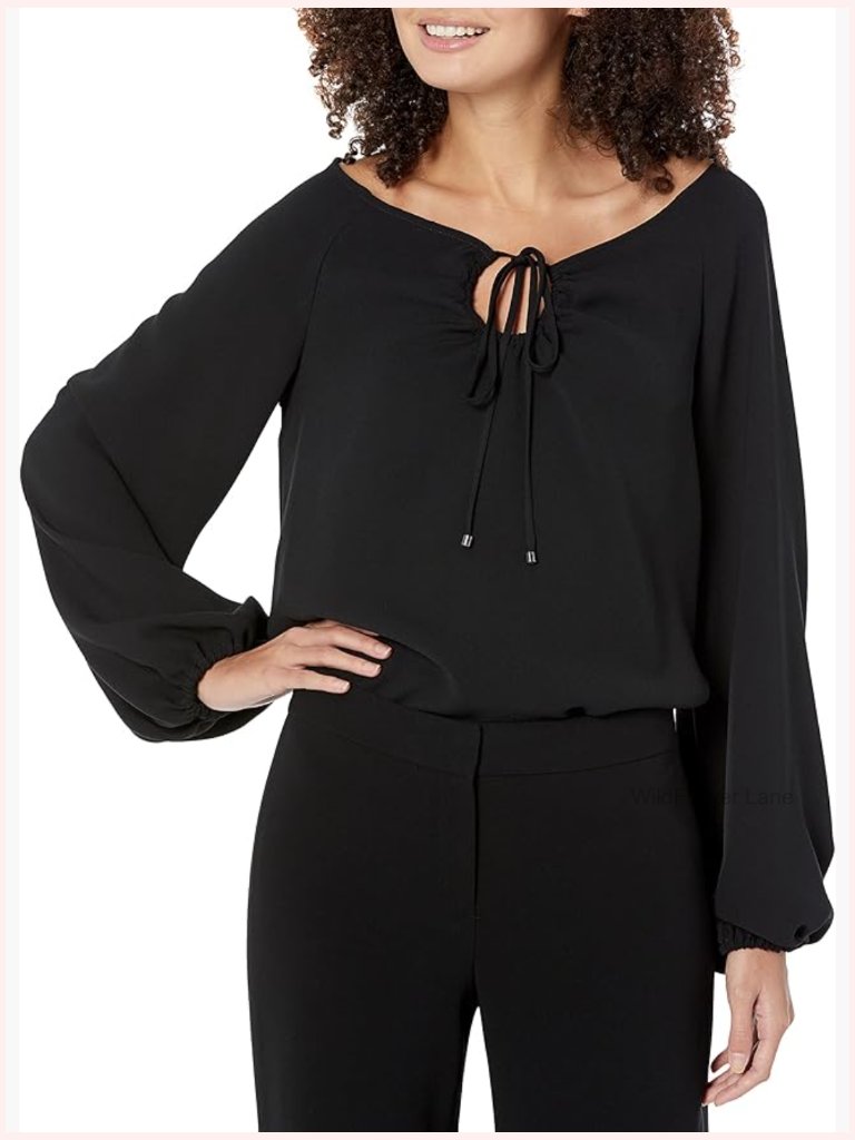 Women's Tie Front Blouse - Boat Neck, Long Sleeve, Polyester